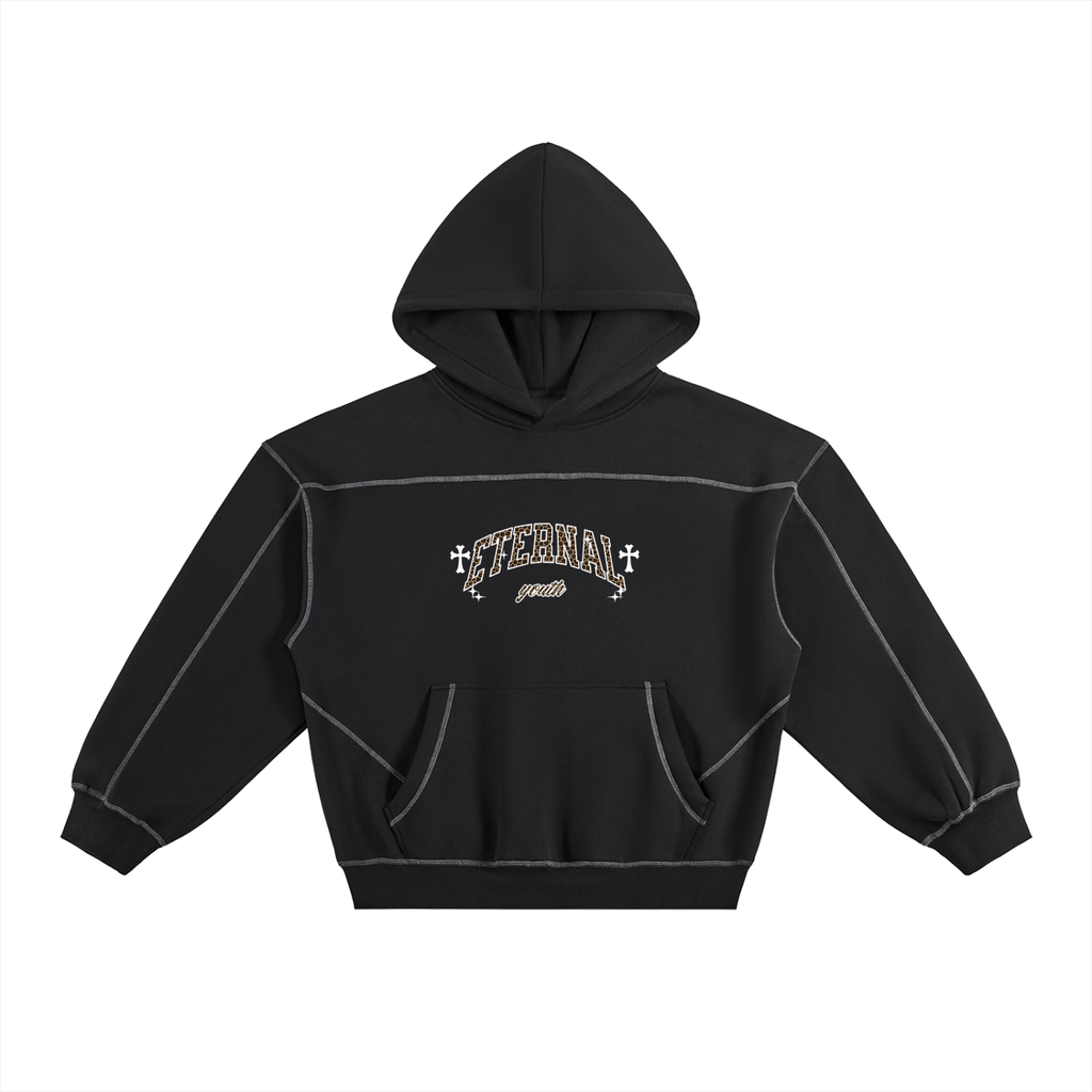 Contrast-Stitched Boxy Fleece Hoodie